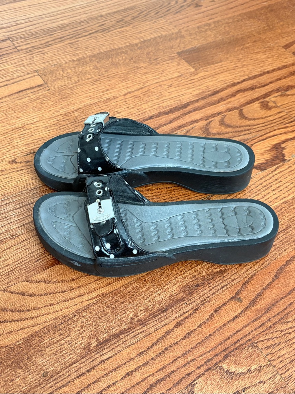 Dr. Scholl's Black Patent Slide Sandals with Silver Buckle Detail
